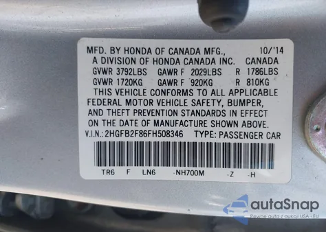 2015 Honda Civic Ex из США, поврежденный, VIN 2HGFB2F86FH508346